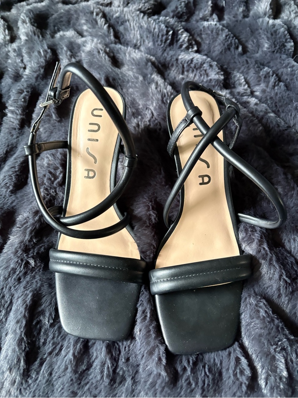 Unisa Black Strappy Square-Toe Sandals with Crossed Ankle Straps